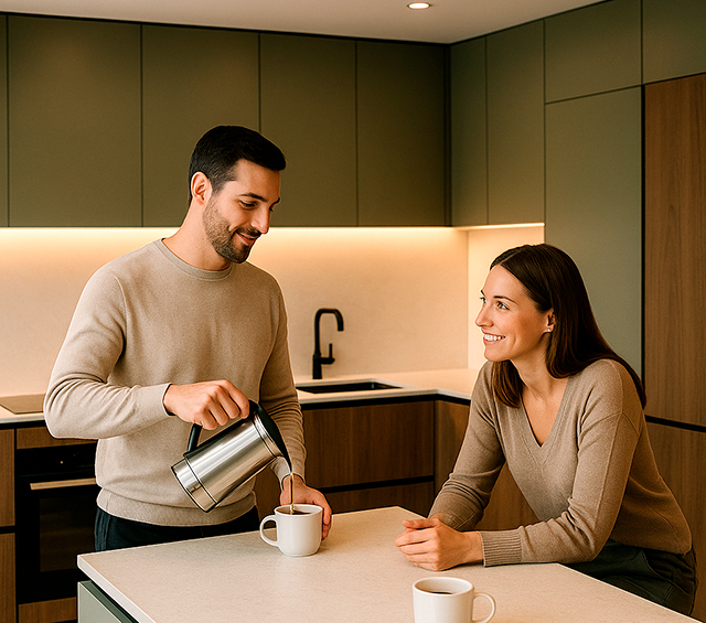 Pareja en cocina moderna Hauska preparando café, diseño integral cálido con acabados en madera y tonos neutros.