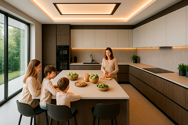 Familia disfrutando en cocina moderna con isla central, diseño Hauska en tonos madera y blanco.