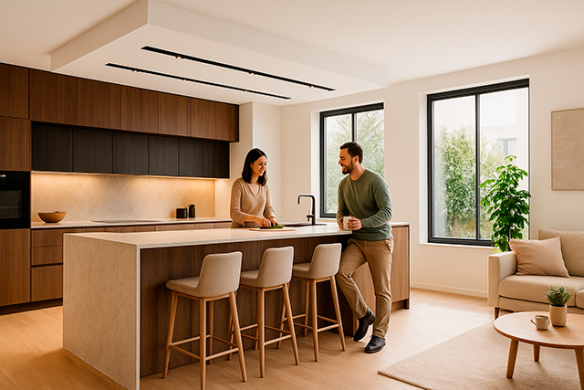 Pareja disfrutando su cocina integral moderna en Guadalajara, diseño funcional y elegante con isla central.