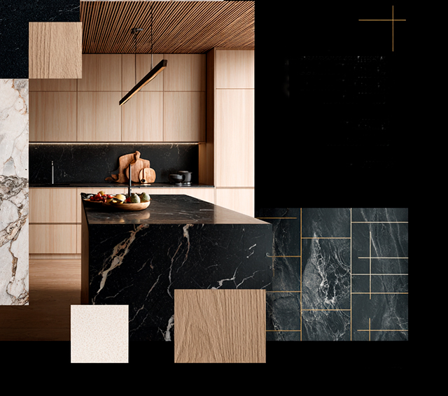Muestra de materiales premium para cocinas integrales Hauska: mármol, madera natural y porcelánicos.