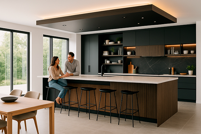 Cocina integral moderna en tonos oscuros con acabados en nogal y cubierta clara, diseño Hauska.