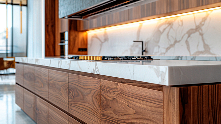 Cocina integral premium en nogal con cubierta de cuarzo y garantía HAUSKA en Guadalajara
