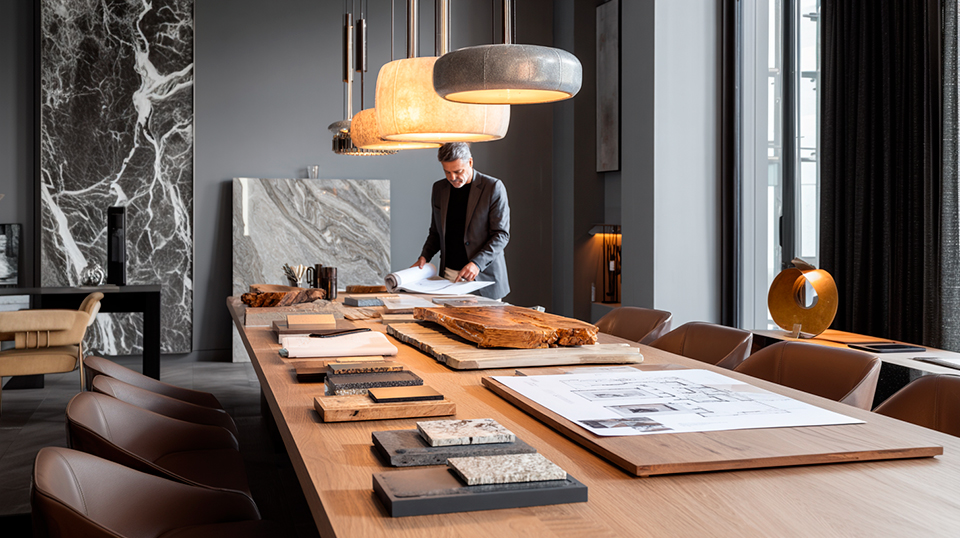 Diseñador revisando planos y materiales en una mesa moderna, reflejando la historia y el enfoque de diseño de HAUSKA.